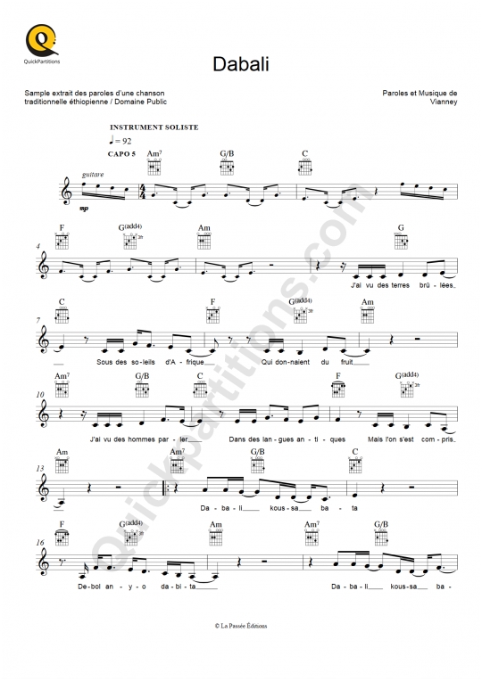 Partition pour Instruments Solistes Dabali de Vianney