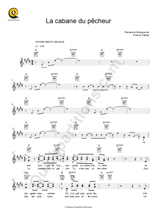 Partition pour Instruments Solistes La cabane du pêcheur de Francis Cabrel