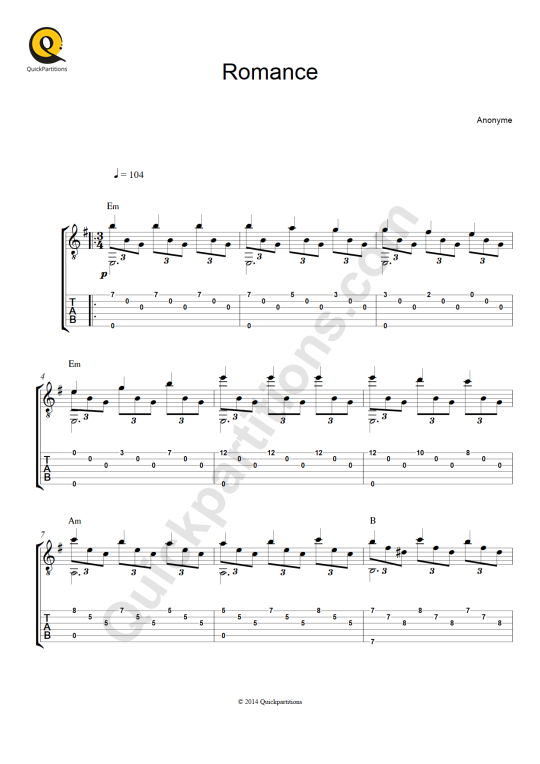 Tablature Guitare Romance (Jeux interdits) de Narciso Yepes