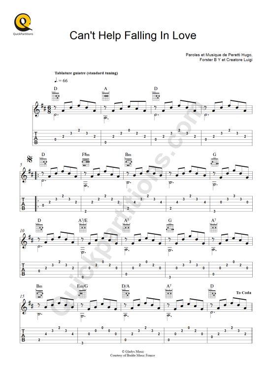 Tablature Guitare Can't Help Falling In Love Elvis Presley (Partition