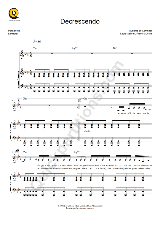 Partition piano Decrescendo Lomepal (Partition Digitale)