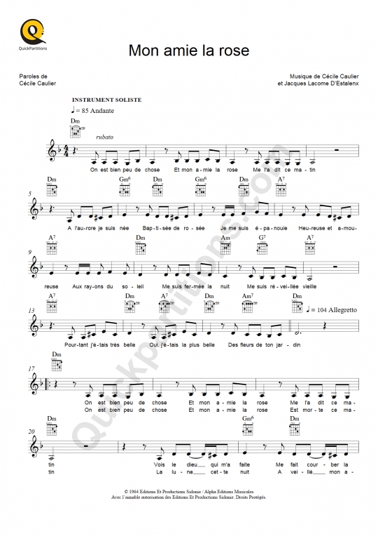 Partition pour Instruments Solistes Mon amie la rose de Françoise Hardy