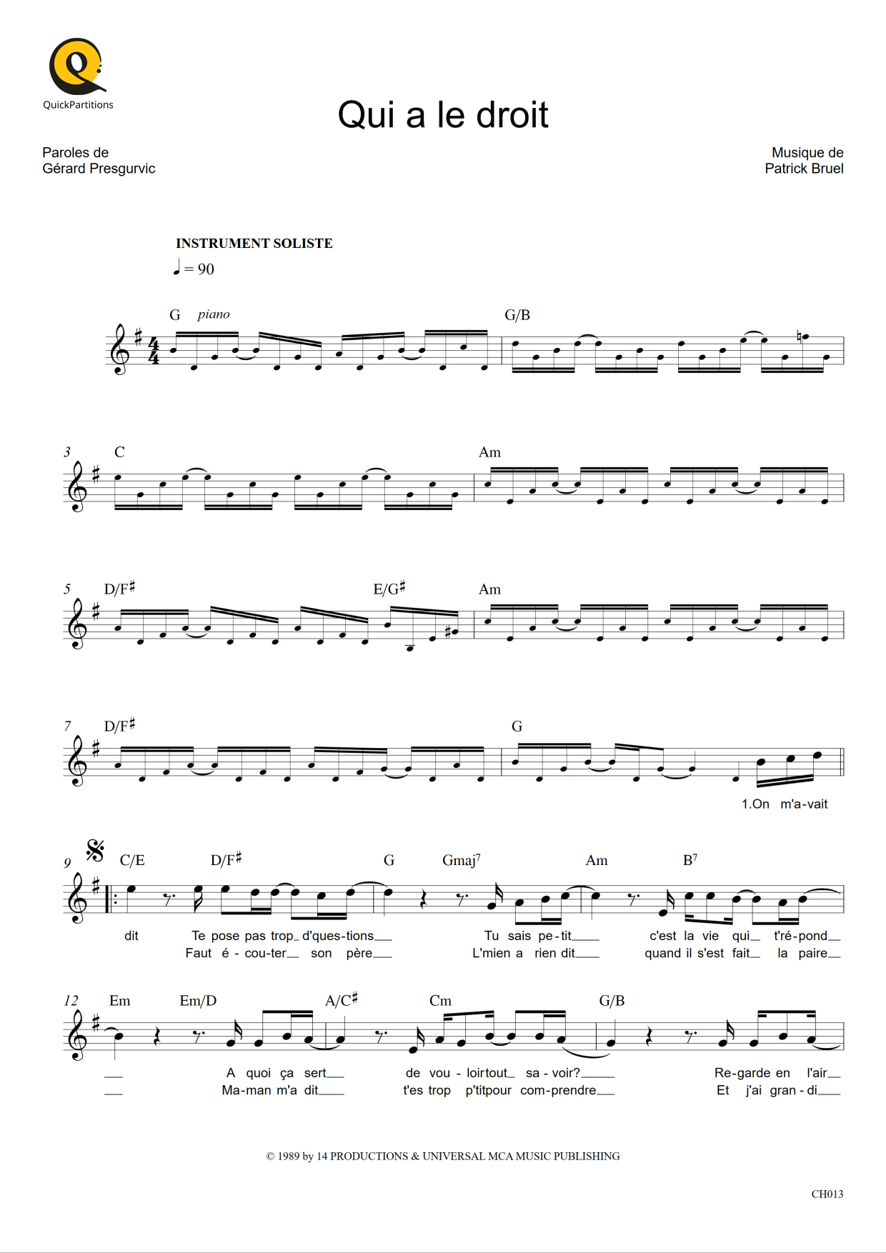 Partition pour Instruments Solistes Qui a le droit de Patrick Bruel