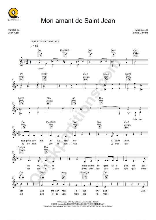 Mon amant de Saint Jean Leadsheet Sheet Music from Patrick Bruel