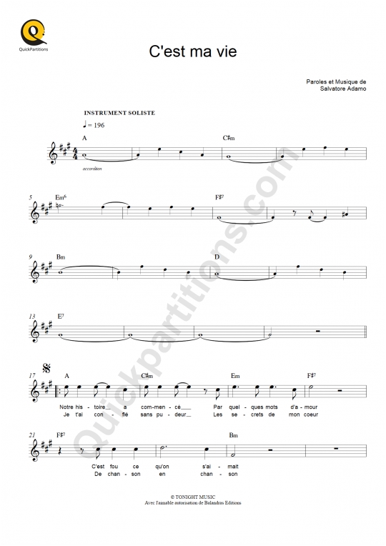 Partition pour Instruments Solistes C'est ma vie de Salvatore Adamo