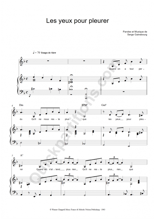 Partition piano Les yeux pour pleurer Nana Mouskouri (Partition Digitale)