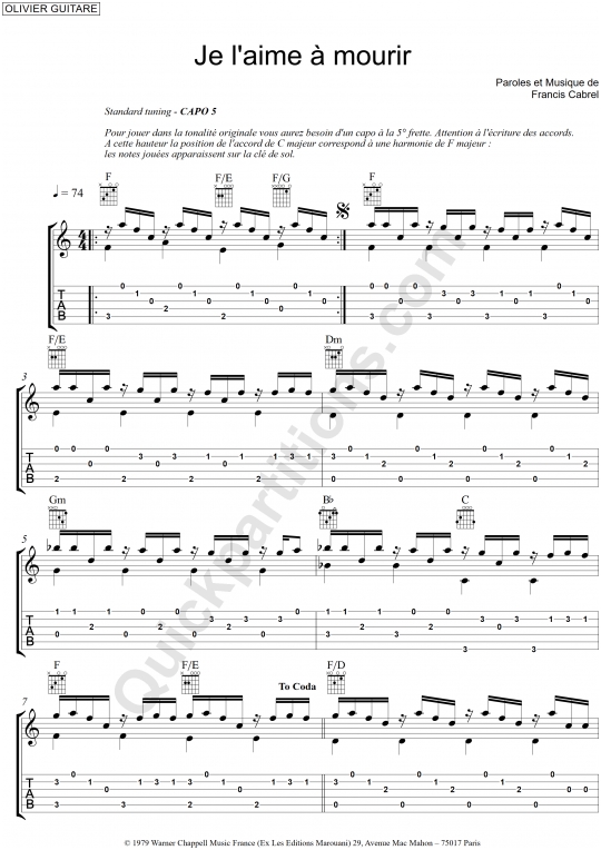 Je l'aime à mourir Guitar Tab from Olivier Gaucher