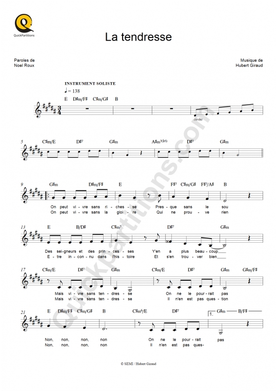 Partition pour Instruments Solistes La tendresse de Bourvil