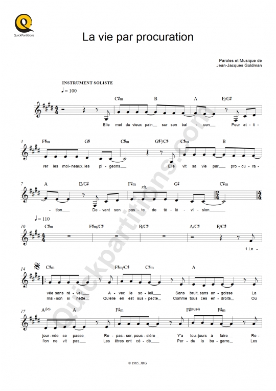 Partition pour Instruments Solistes La vie par procuration de Jean