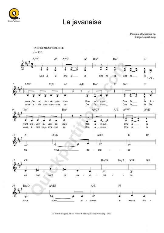 Partition pour Instruments Solistes La Javanaise de Serge Gainsbourg