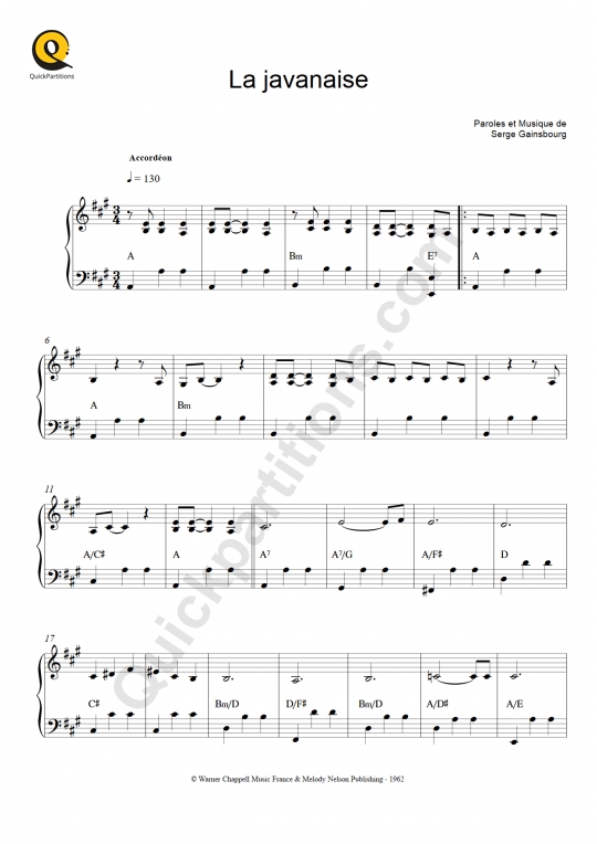 La Javanaise Accordion Sheet Music from Serge Gainsbourg