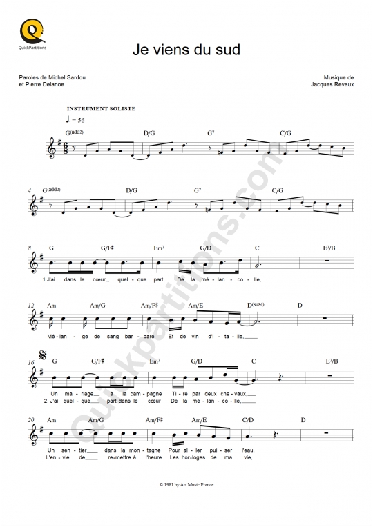 Partition pour Instruments Solistes Je viens du sud de Michel Sardou