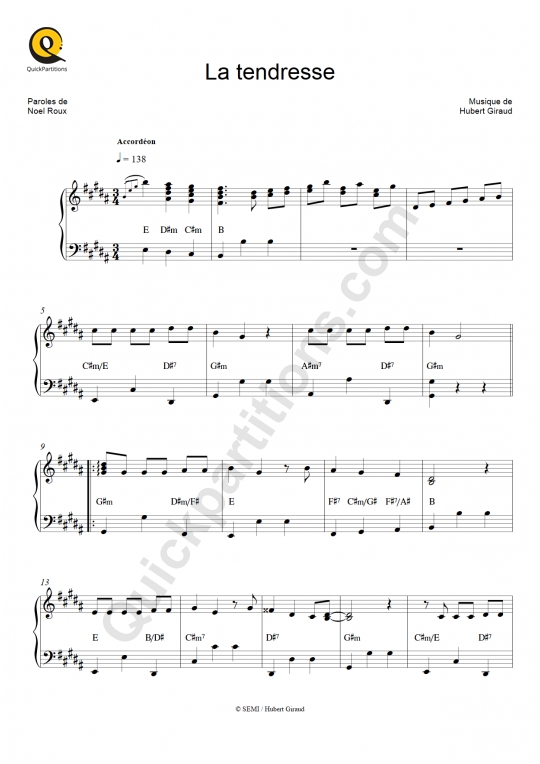 Partition accordéon La tendresse de Bourvil