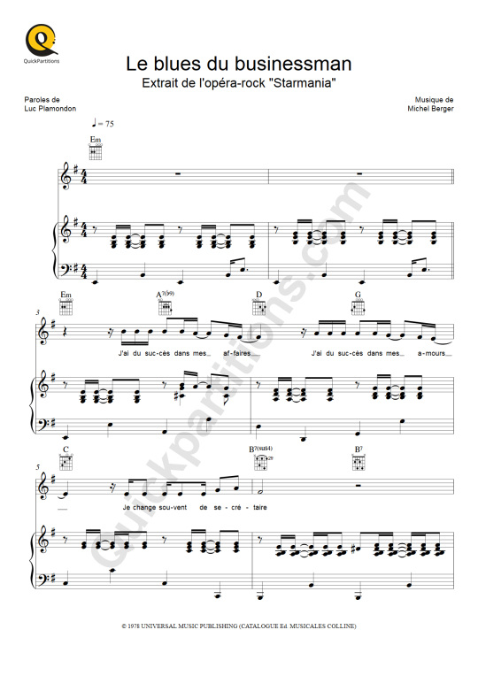 Partition piano Le blues du businessman de Starmania