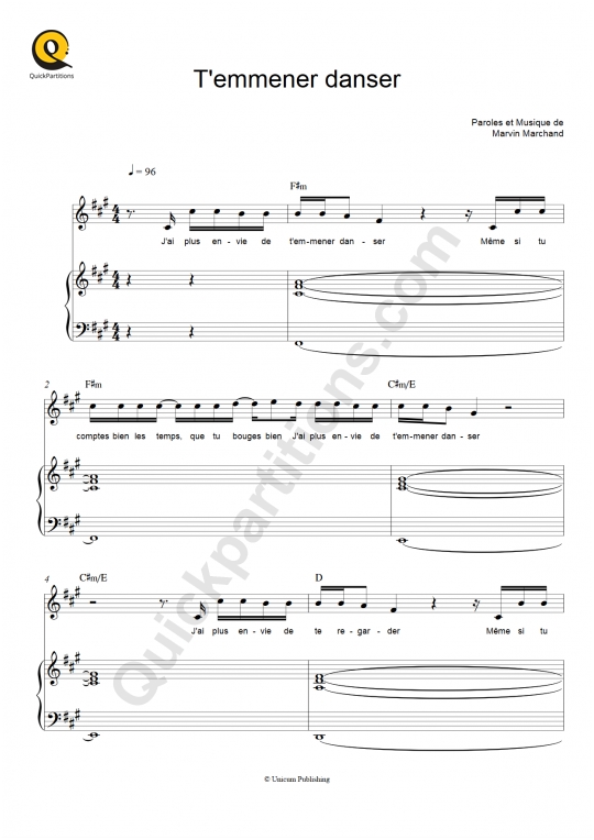 Partition piano T'emmener danser de Marvin Marchand