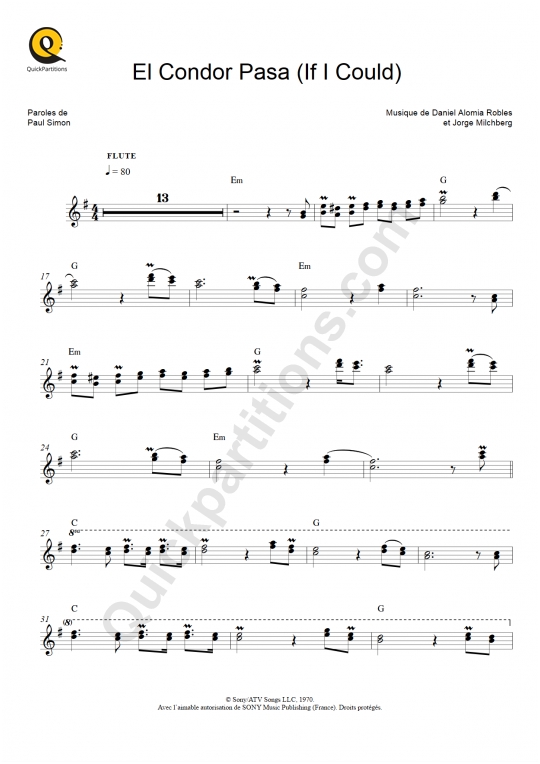 Partition pour Flûte El Condor Pasa (If I Could) de Simon and Garfunkel