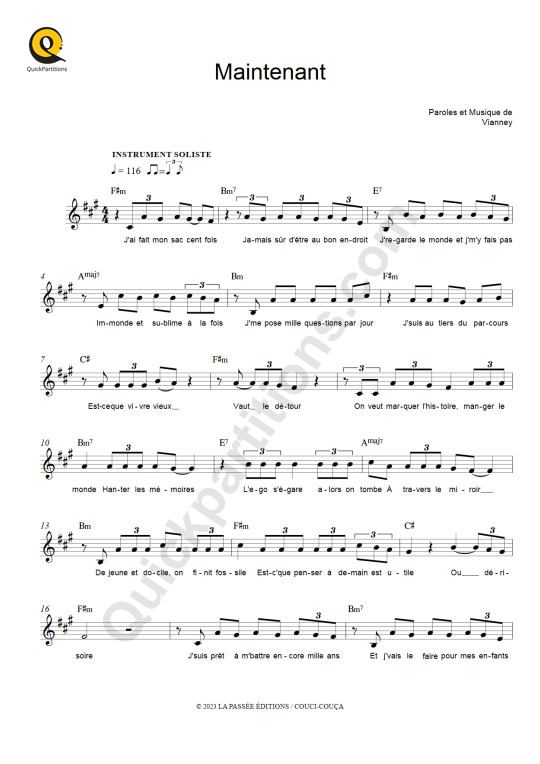 Partition pour Instruments Solistes Maintenant de Vianney