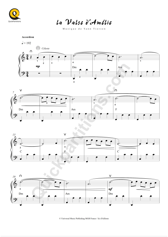 Partition accordéon La valse d'Amélie du Fabuleux Destin d'Amélie Poulain