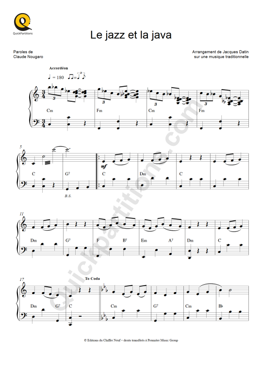 Partition accordéon Le jazz et la java de Claude Nougaro
