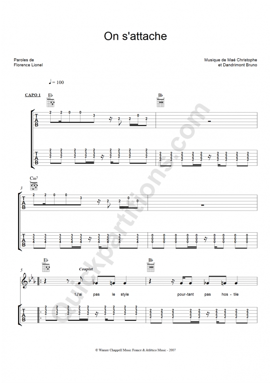 Partition guitare christophe mae tombe sous le charme