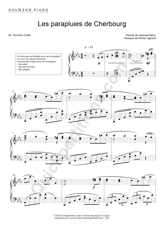 Les parapluies de Cherbourg Piano Solo Sheet Music from Nolwenn Collet