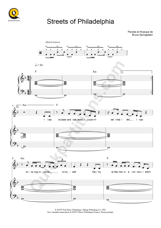 Partition piano Streets of Philadelphia de Bruce Springsteen