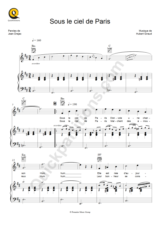Partition piano Sous le ciel de Paris de Edith Piaf
