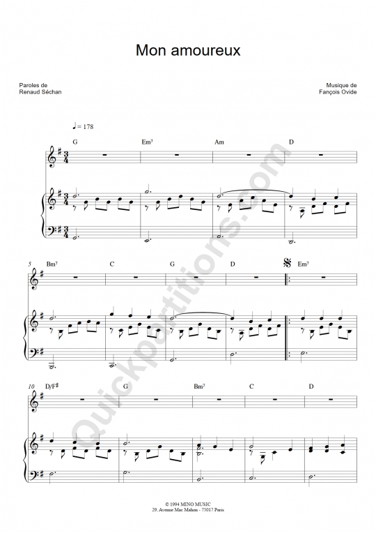 Mon Amoureux Piano Sheet Music from Renaud