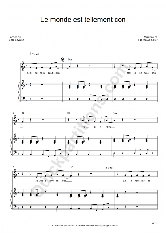 Partition piano Le monde est tellement con Marc Lavoine (Partition