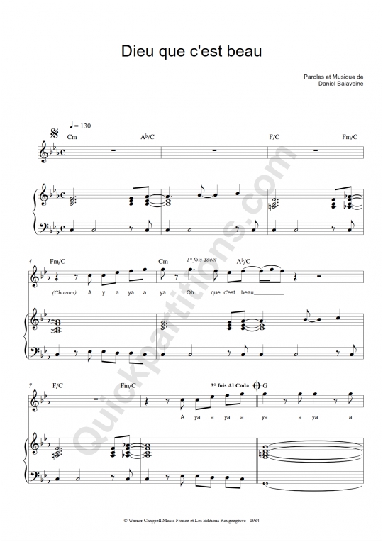 Partition piano Dieu que c'est beau Daniel Balavoine (Partition Digitale)