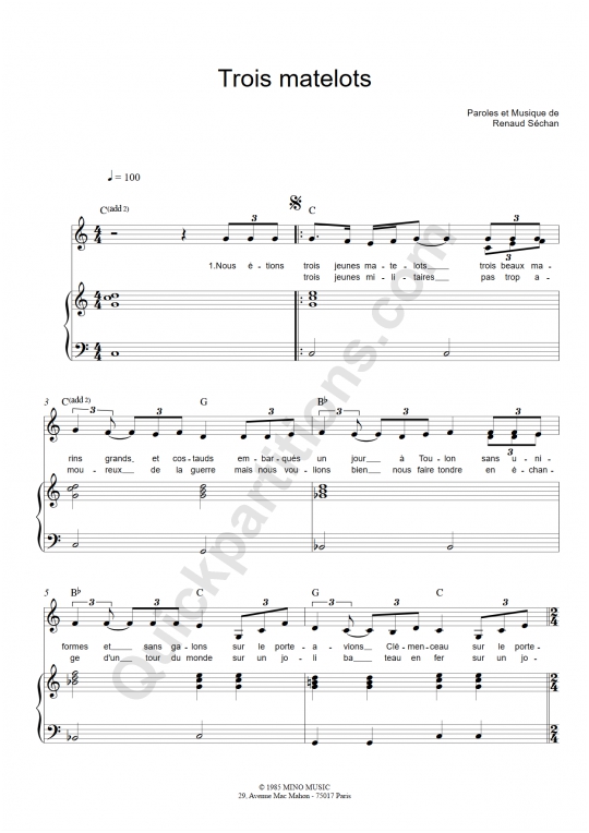 Partition Piano Trois Matelots Renaud (Partition Digitale)
