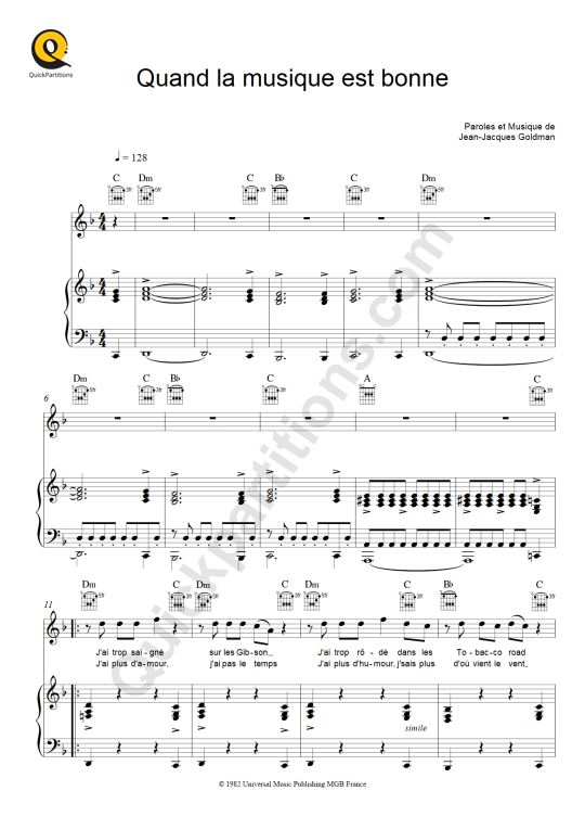 Partition piano Quand la musique est bonne de JeanJacques Goldman