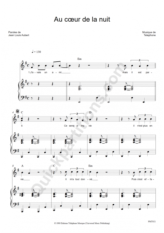 Partition piano Au coeur de la nuit Téléphone (Partition Digitale)