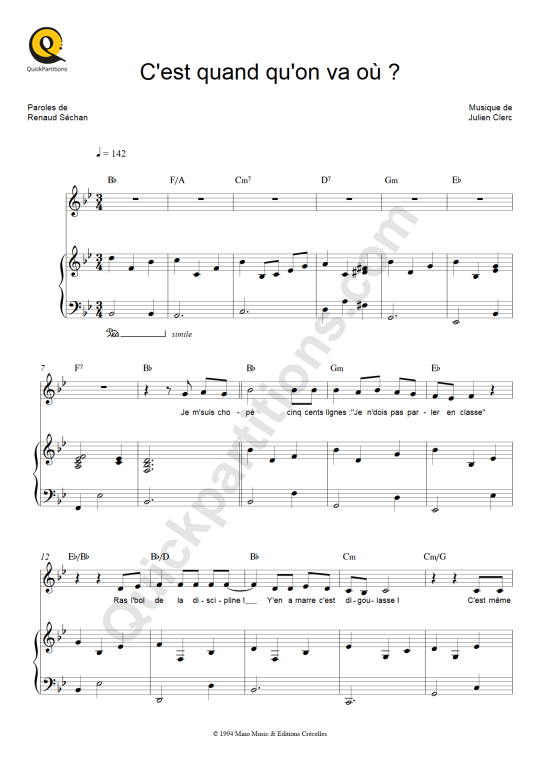 C'est quand qu'on va où ? Piano Sheet Music from Renaud