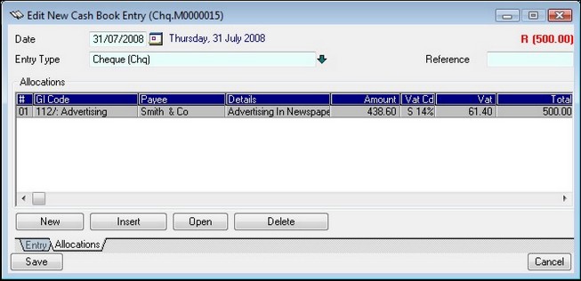 Capturing a new entry in the Cashbook Allocations Tab Quick Software