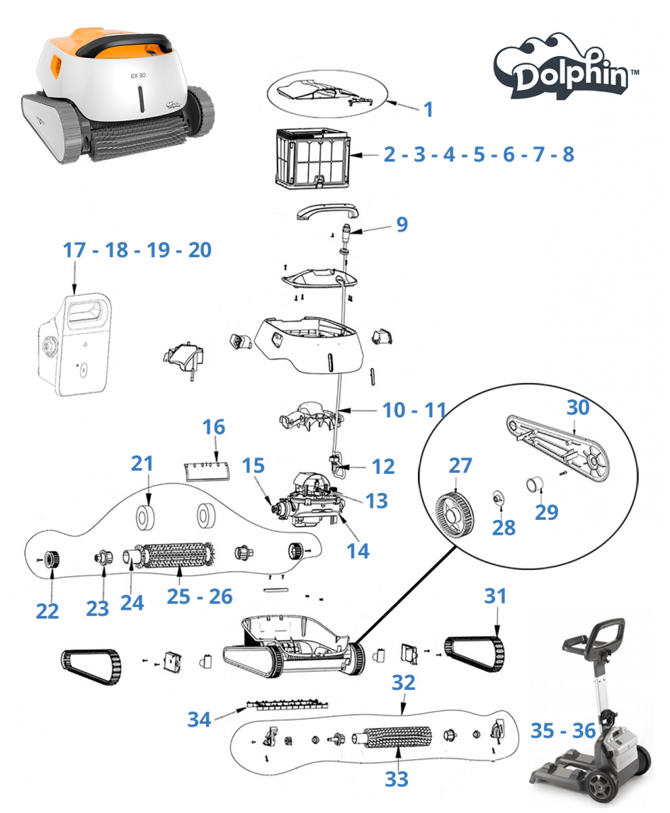 Pièces détachées pour robot nettoyeur de piscine Maytronics Dolphin EX 30