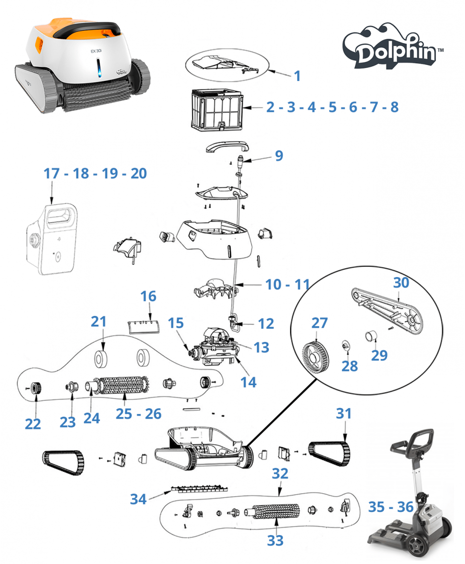 Spare parts for robot pool cleaner Dolphin EX 30i