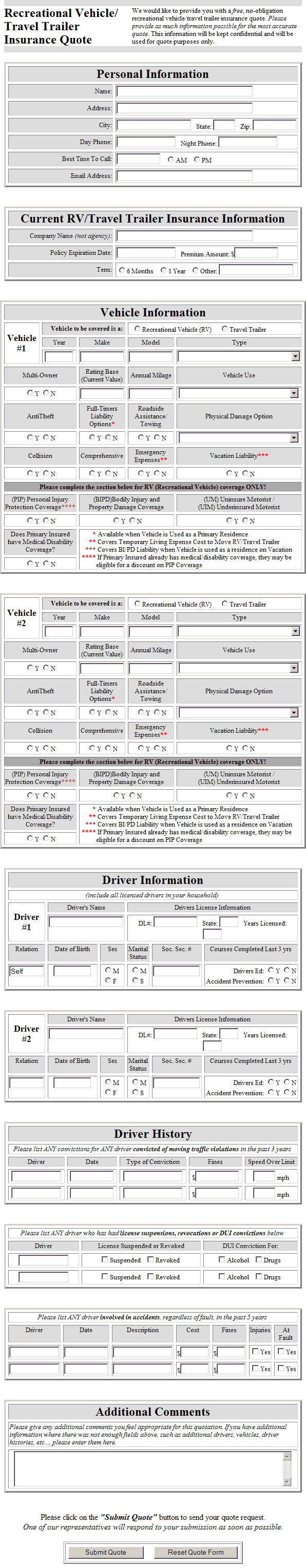 RV/Travel Trailer Insurance Quote Form