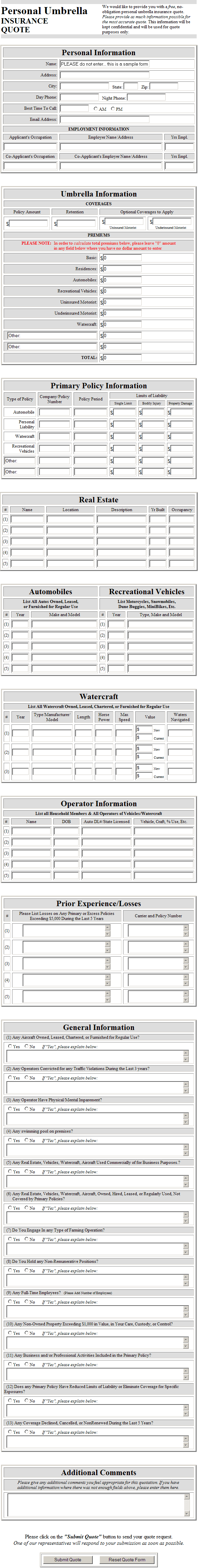 Agent Personal Umbrella Insurance Quote Form