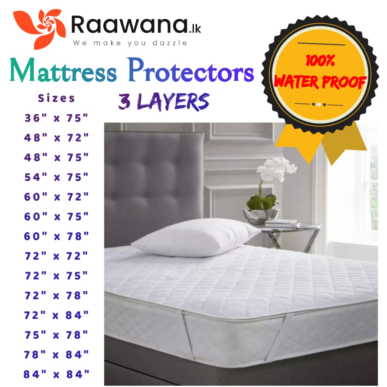 Mattress Protector(3 Layers) 100 Waterproof Raawana
