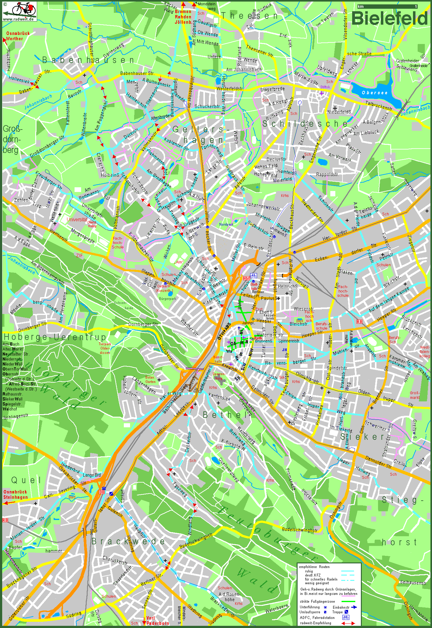 Karte Bielefeld radweit Bielefeld, Stadtplan mit Fahrradrouten.