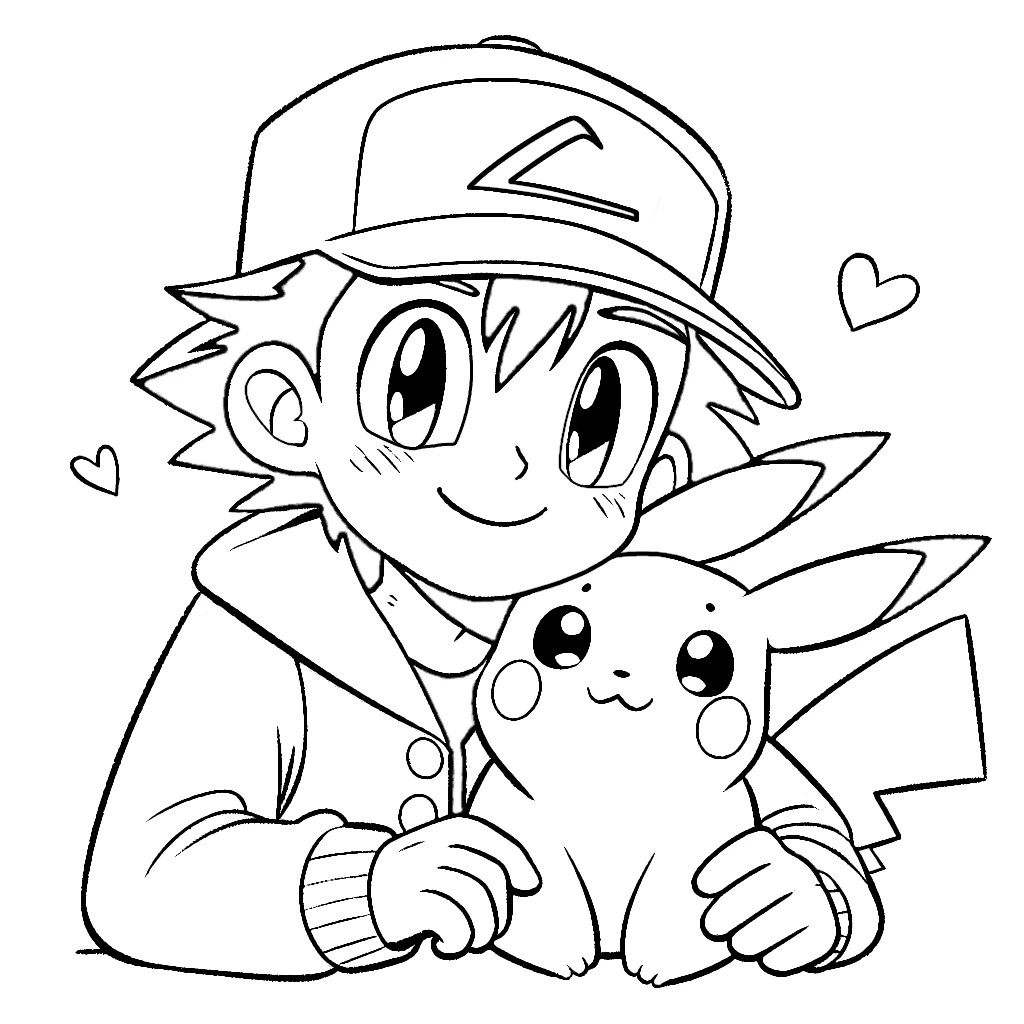 Ash Holding Pikachu ⚡ ️ Coloring Page