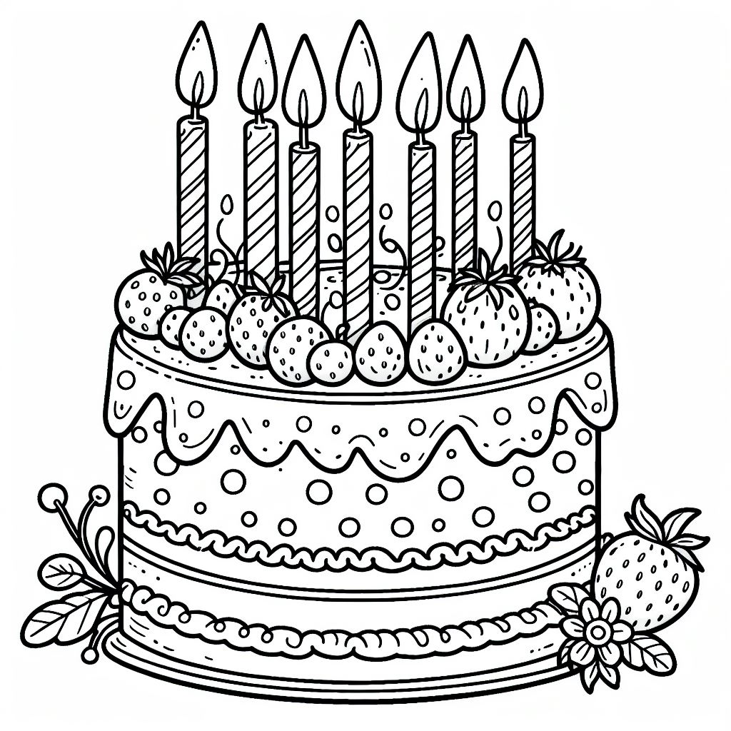 Birthday Cake with 7 Candles and Balloons ??????????????? Coloring Page