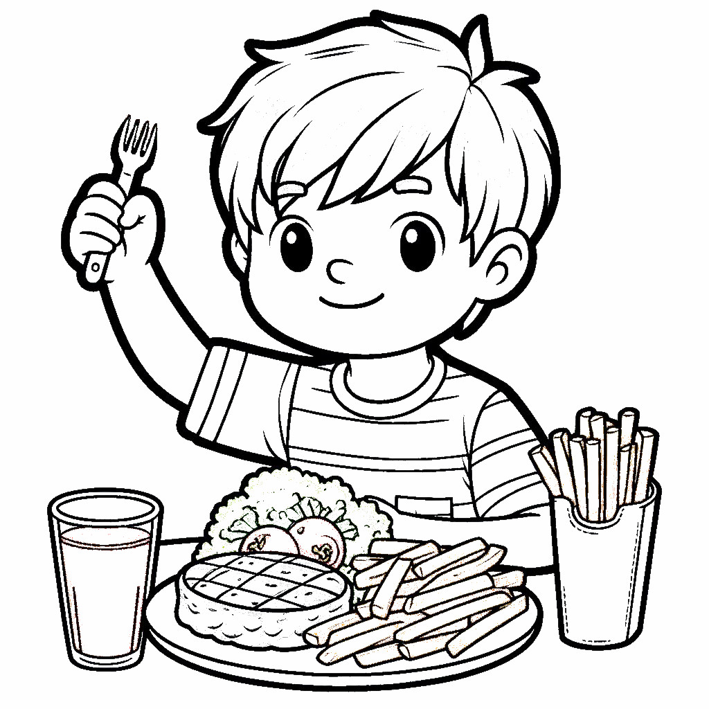 Boy Eating Steak with French Fries and Vegetables 🥩🍟🥦 Coloring Page