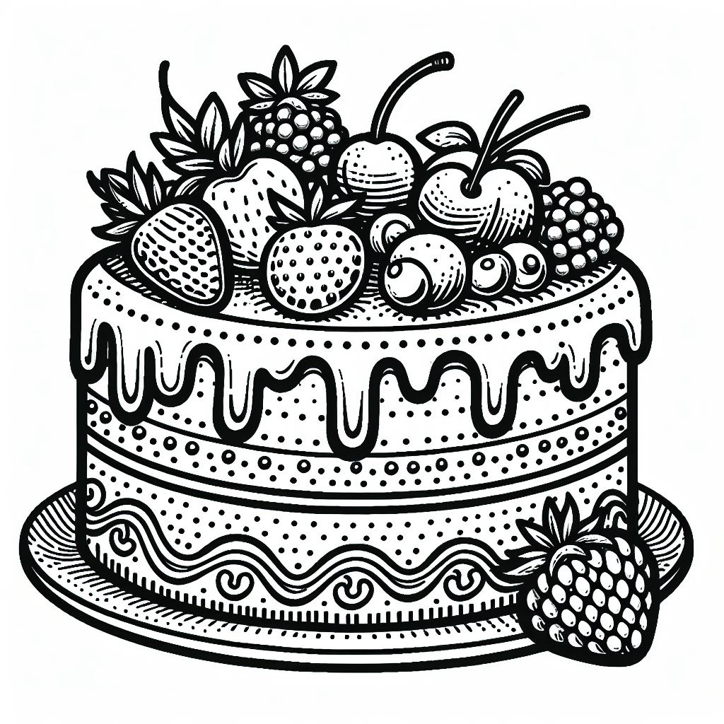 Cake with Fruits 🍰🍓🍇🍍 Coloring Page