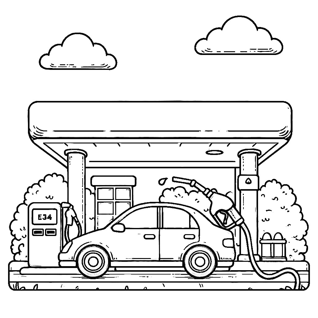 Gas Station with Car 🚗⛽ 🚗⛽ Coloring Page