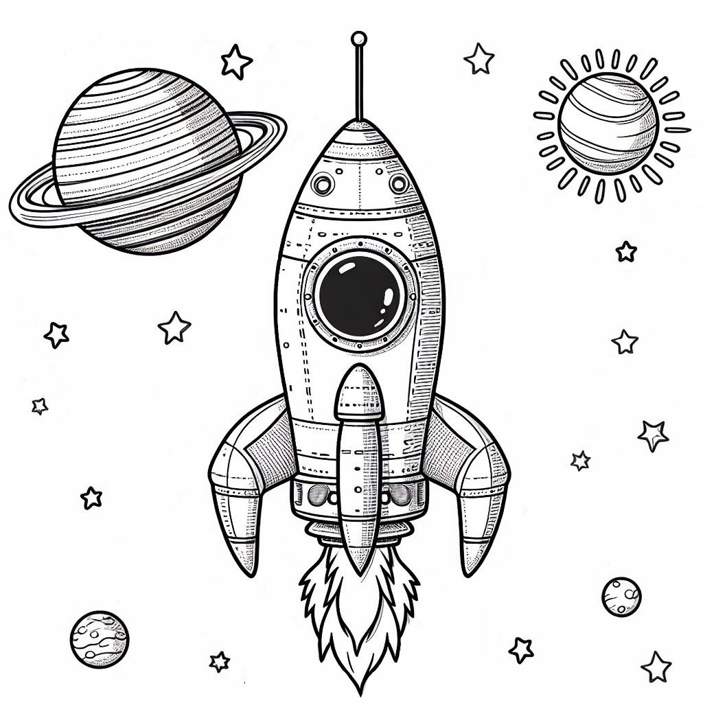 Rocket in Space with and Stars 🚀🪐🌟 Coloring Page