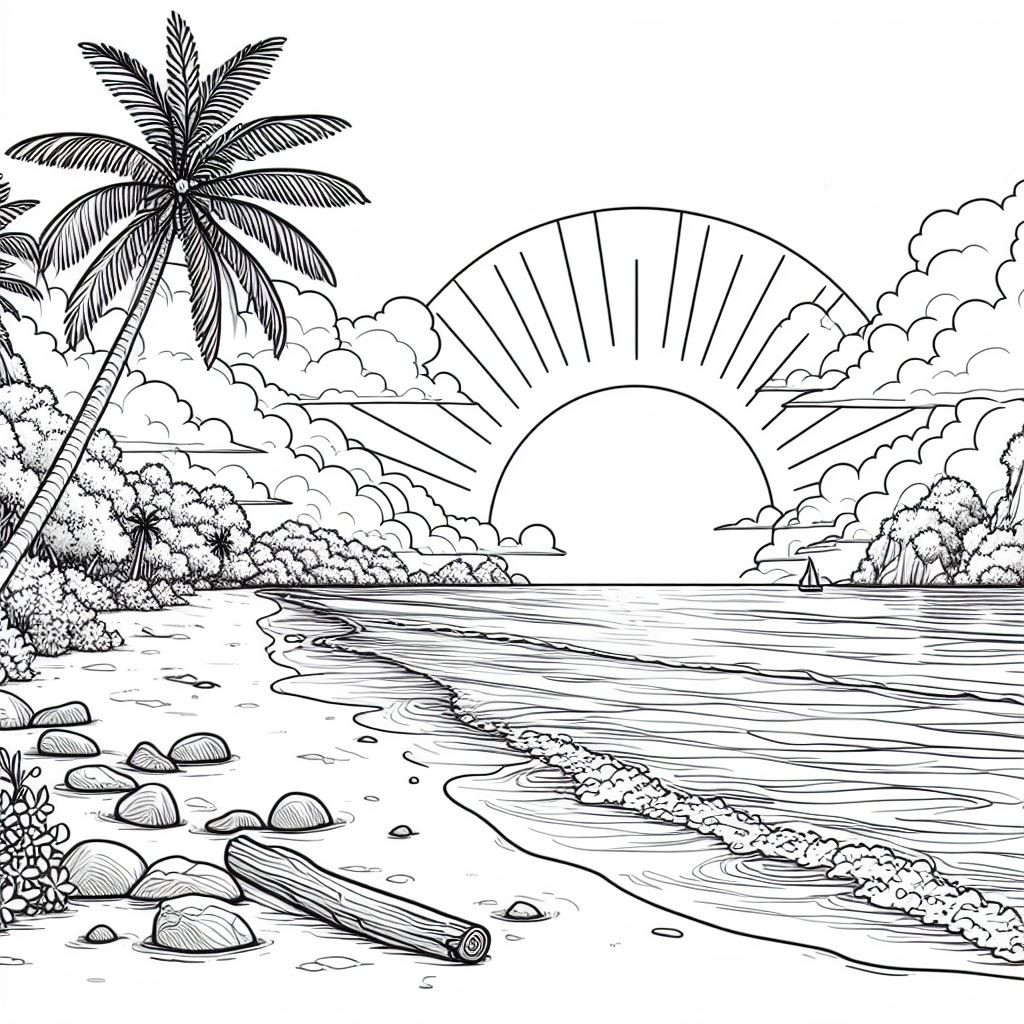 Tropical Beach Sunset 🌅🏝️ Coloring Page