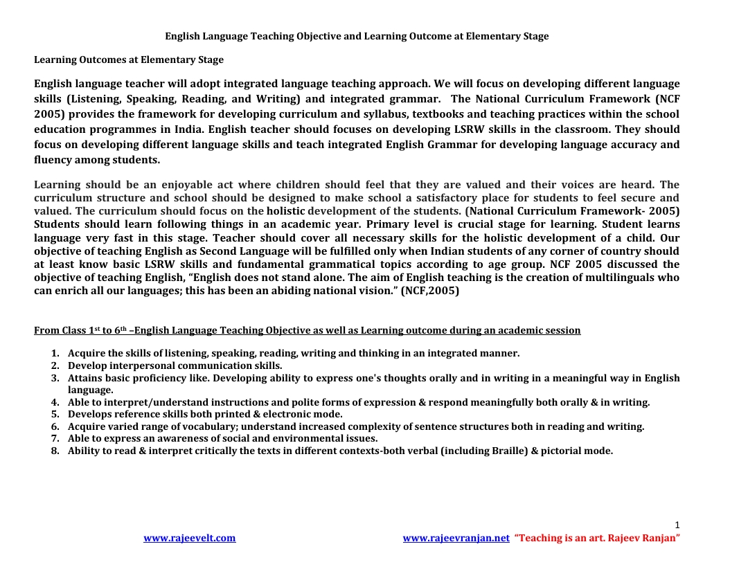 English Language Teaching Objective and Learning at Elementary