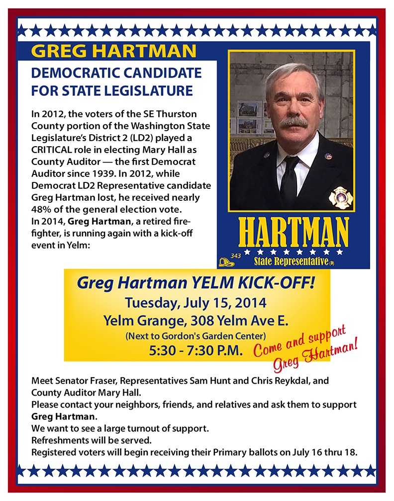 LD 2 Dem. candidate Greg Hartman here Tuesday Yelm Community Blog